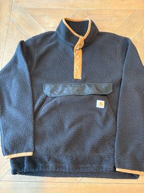Carhartt Sherpa Fleece Pullover Medium Black Snap Front Relaxed Fit OJ4991-M